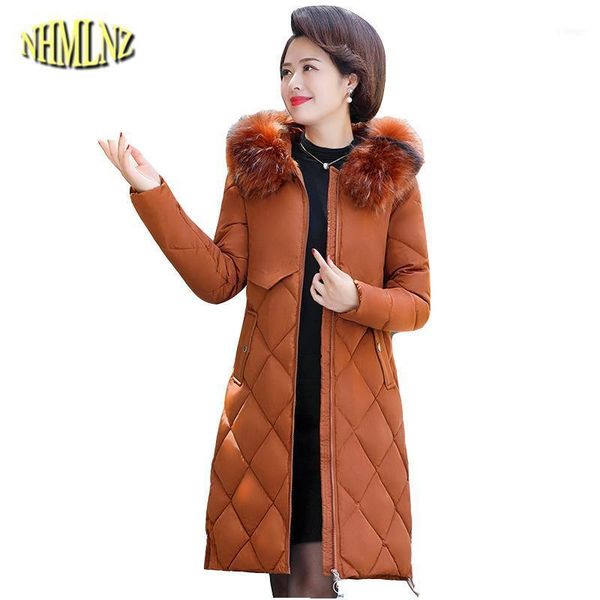 

women's down & parkas high-quality women cotton coat 2048 fashion middle-aged medium long warm hooded fur collar lh2101, Black