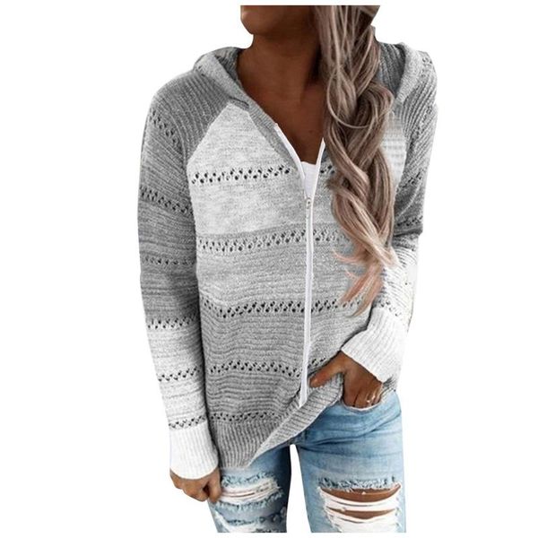 

women's hoodies & sweatshirts women plus size hollow out knitted hoodie sweater raglan long sleeve drawstring jacket color block stripe, Black