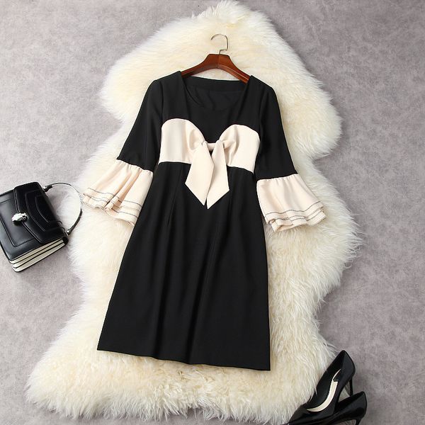 

casual dresses european and american women's clothing spring flared sleeves with three-quarter length big bow-tie dress k8xf, Black;gray