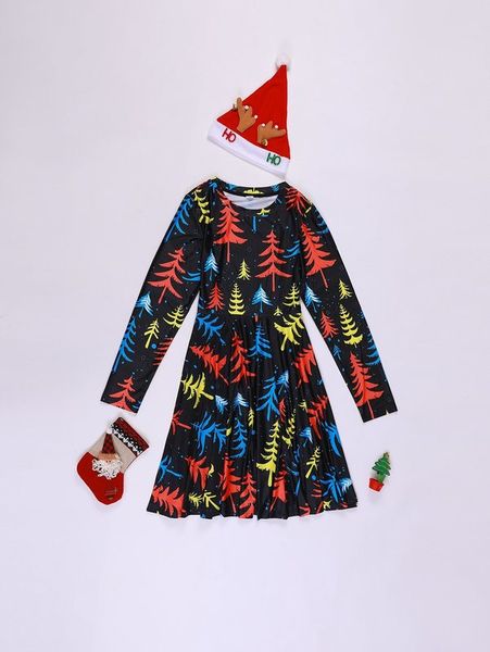 

christmas tree print high waist flared dress she, Black;gray