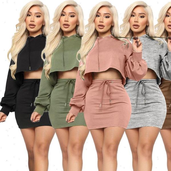 

autumn hooded skirt two women tracksuits piece set sweater mini dress tracksuit outfits clothing sets solid 5 color, Gray