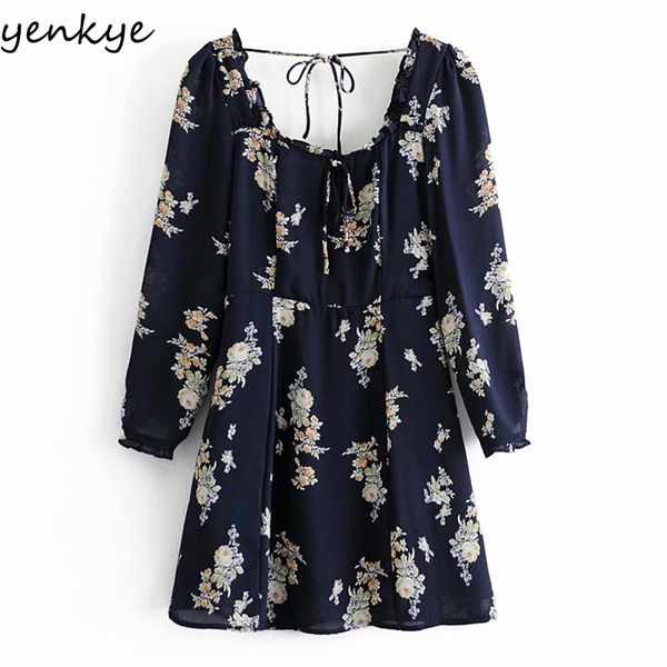 

vintage floral print dress women backless square neck long sleeve a-line slim short dress elegant female summer robe 210515, Black;gray