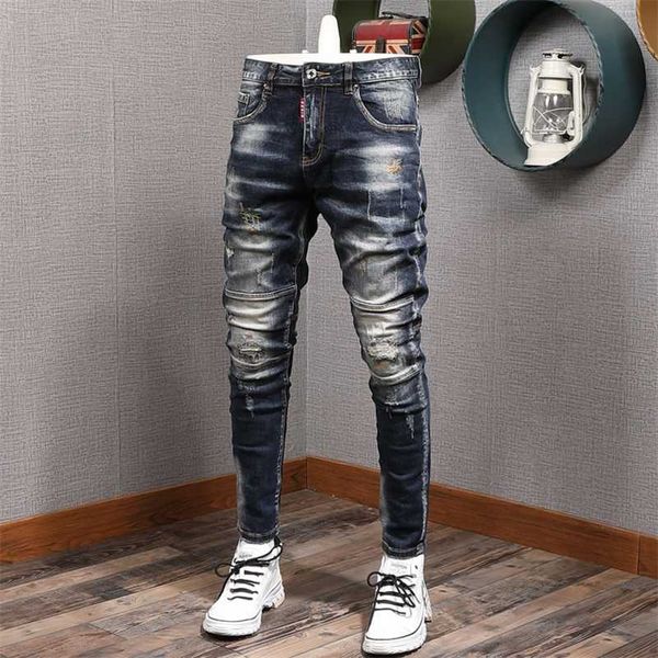 

fashion streetwear men jeans slim fit elastic destroyed ripped denim trousers painted spliced designer hip hop punk biker pants 211011, Blue