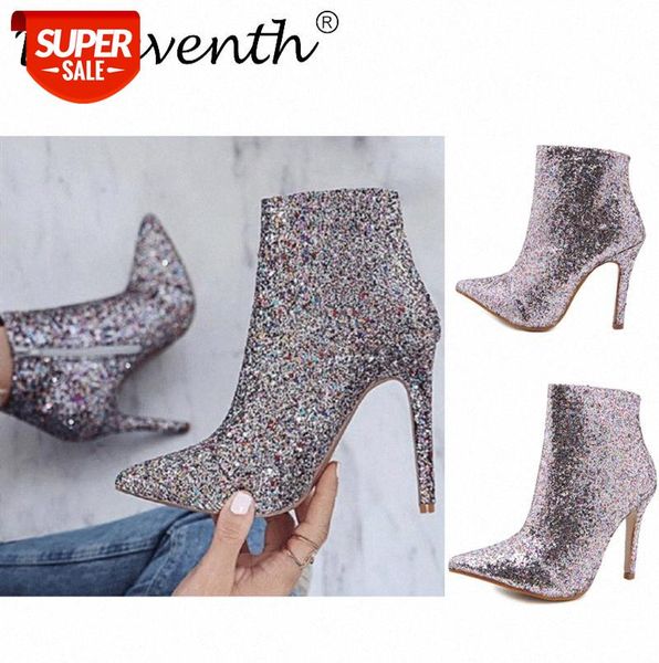 

zi ling company europe and the united states stiletto super high heel pointed toe colorful shiny sequined short boots #wn50, Black