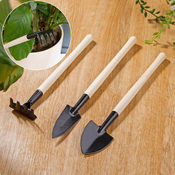 

3pcs/set garden tool diy rake shovels with wood handle portable gardening set flowers weeding seeding planter kids toy planters & pots