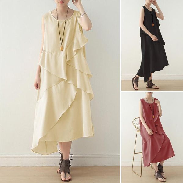 

casual dresses fashion asymmetrical ruffles robe femme summer solid sleeveless vestidos bohemian midi sundress women dress plus size 5xl dre, Black;gray