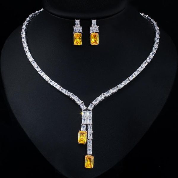 

earrings & necklace european and american retro simple geometry full set of square zircon two piece banquet accessories, Silver