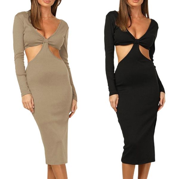

casual dresses women autumn sheath dress, adults solid color v-neck long sleeve cutout 2021 fashion, Black;gray