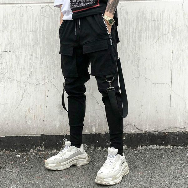 

men multi-pocket elastic waist design harem pant street punk hip hop casual trousers joggers male dancing men's pants, Black