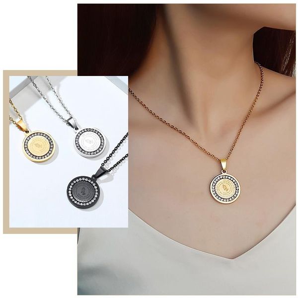 

classic bible prayer necklaces for women with bling cz stone stainless steel round circle pendant religious jewelry chains, Silver