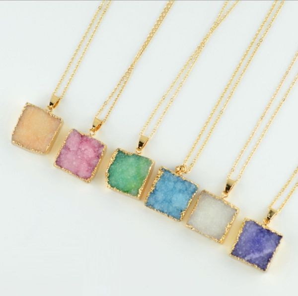 

natural square crystal pastel druzy pendant necklaces healing point gemstone original real stone style gold edged stones jewelry jewellry, Silver
