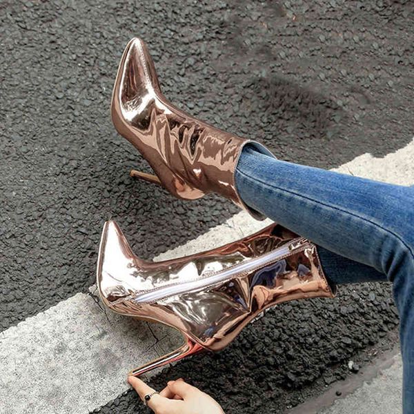

quality mirror women boots point toe high heels mid-calf boots autumn winter zip silver gold casual party fetish shoes woman 210428, Black