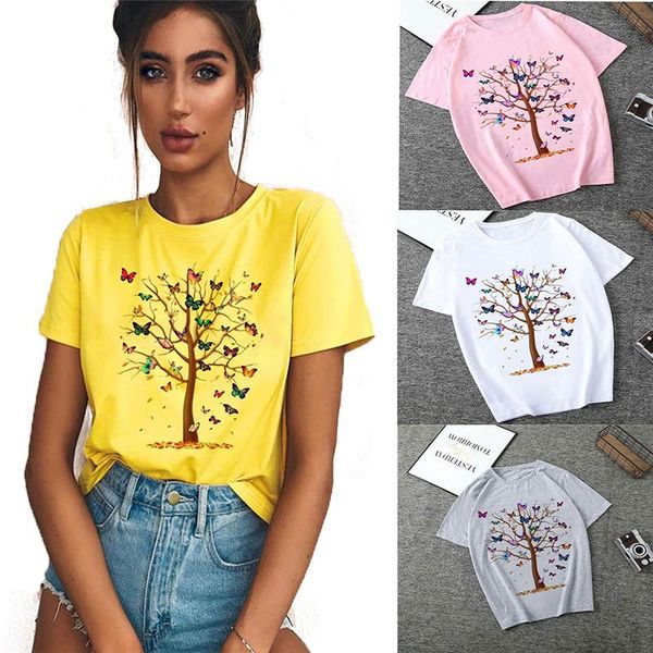 

women's t-shirt bikoles 2021 summer fashion casual short sleeve t shirt high street butterfly tree print loose ladies, White