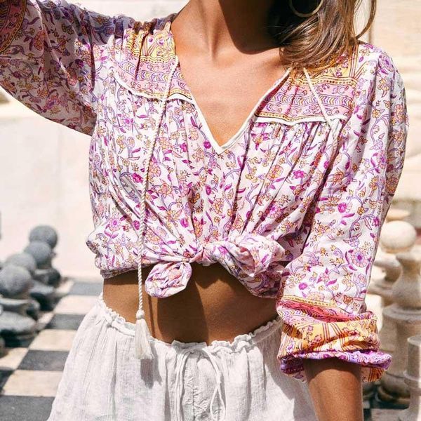 

women's blouses & shirts boho inspried womens lilac floral long sleeve v-neck bohemian plus size blouse women casual chic, White