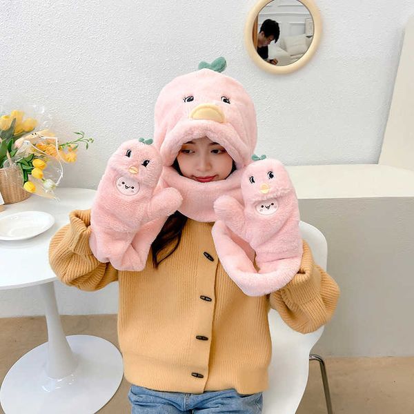 

hat glov three piece set winter animal plush warm cartoon bird integrated hat lovely soft cute scarf, Blue;gray