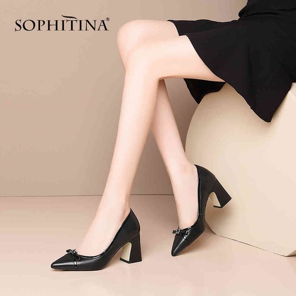 

sophitina career female pumps butterfly knot thick heels word border solid pumps classics black shoes women so502 210513