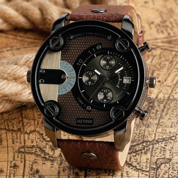 

wristwatches men wristwatch sports watches fashion military army two time zones quartz leather horloge mannen montres homme, Slivery;brown