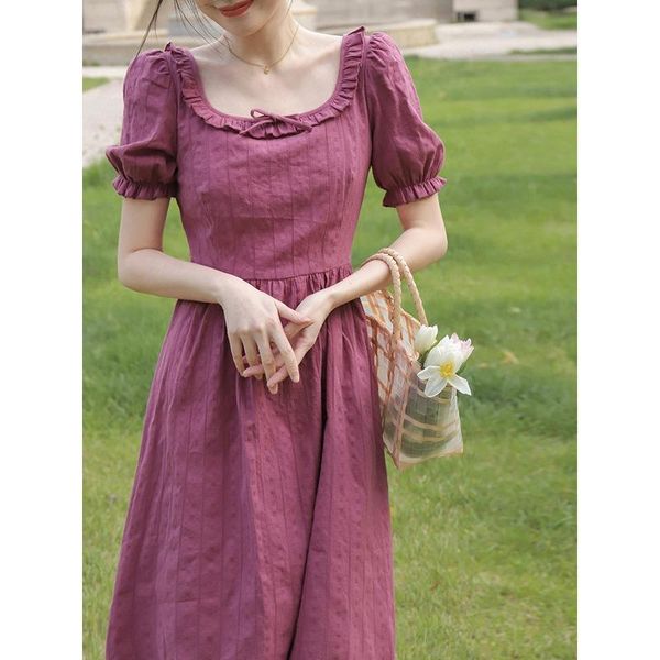 

casual dresses 2021 summer / plum girl french bubble sleeve temperament mid length dress design, Black;gray