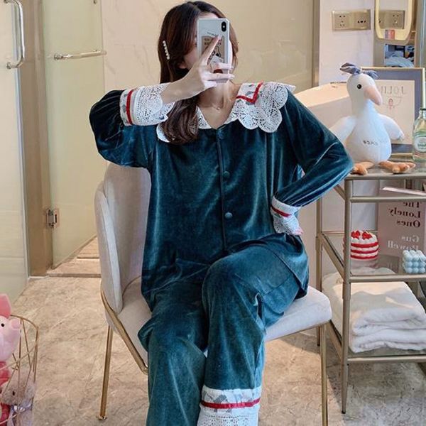 

women's sleepwear korean gold veet pajamas women autumn winter pyjamas set lace casual home clothes sweet ladies pijamas suit q63b, Black;red