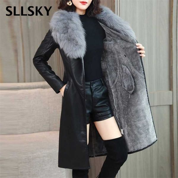 

sllsky women's leather jacket for winter plus velvet warm slim big fur collar long coat female outerwear m-4xl 211215, Black