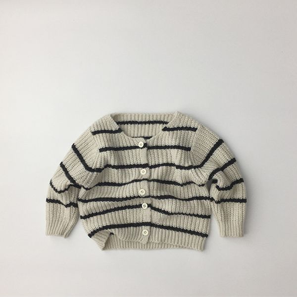 

2021 spring kids knitted cardigan coats striped roud neck korean style children casual sweater, Blue