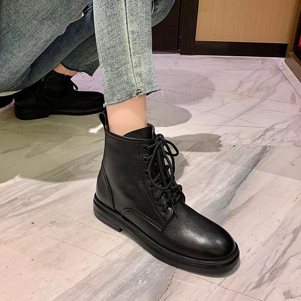 

boots mezereon white shoes full grain leather fashion round toe ankle concise style cross-tied med heel 3.5 cm, Black