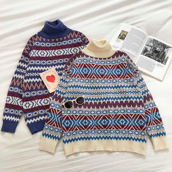 

vintage geometry jumper women turtleneck sweater autumn winter long sleeved loose korean pullover knitted fashion 210602, White;black