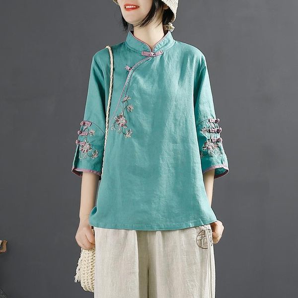 

ethnic clothing chinese style retro cotton and linen shirt women spring summer stand-up collar button blouse embroidered tea service, Red
