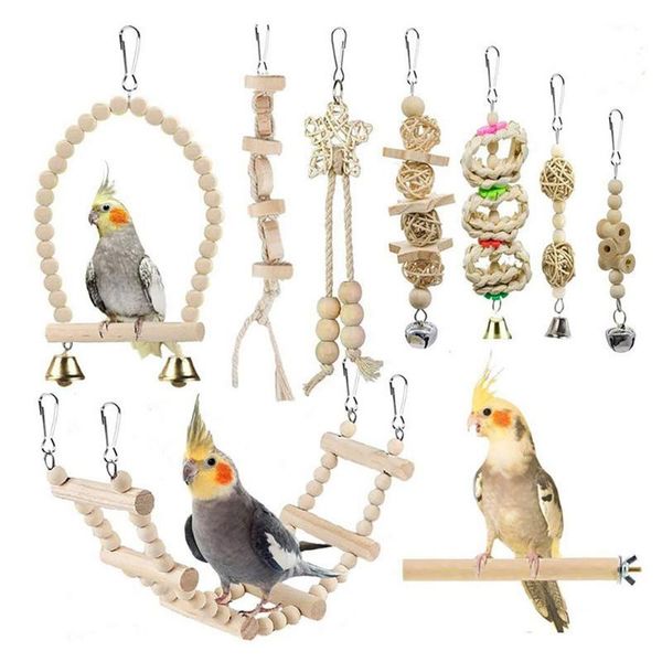 

other bird supplies 9pcs cage toys wooden parrot stand perch toy combo set hanging chewing bite bridge beads ball bell