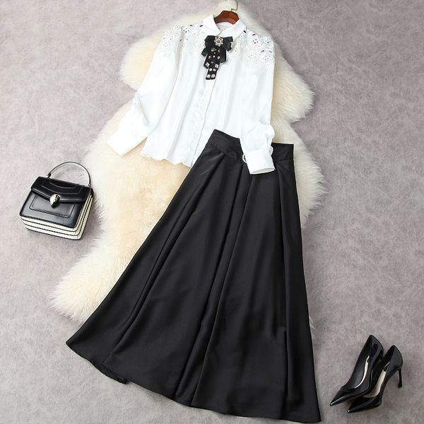 

european and american women's wear for spring 2021 long - sleeved hollowed-out beaded bow shirt pleated skirt fashion suits, White