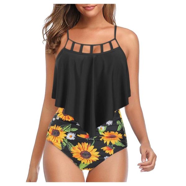 

women's swimwear women ruffled bikini set brazilian high waist halter beachwear sunflower swimsuit bathing, White;black