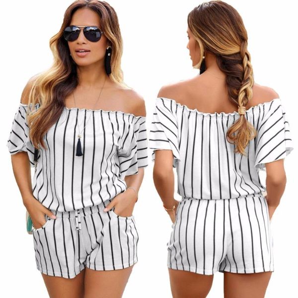 

women's jumpsuits & rompers 1pc fashion jumpsuit womens casual summer elegent short sleeve off shoulder stripe romper 228, Black;white