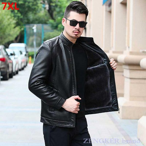

men's fur & faux winter plus size fleece leather jacket male solid color business casual black 7xl 6xl