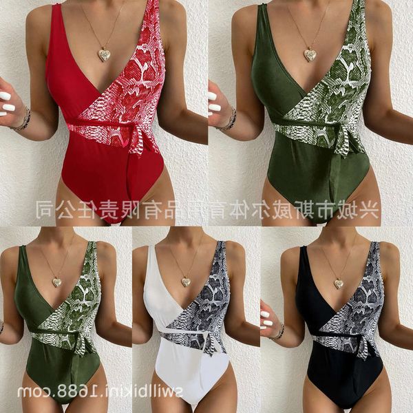 

bikini contrast stitching 2020 one piece snake print bandage swimsuit, White;black