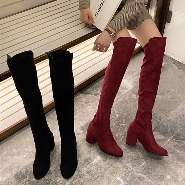 

boots women's knee 2021 high heels thick heel elastic, Black