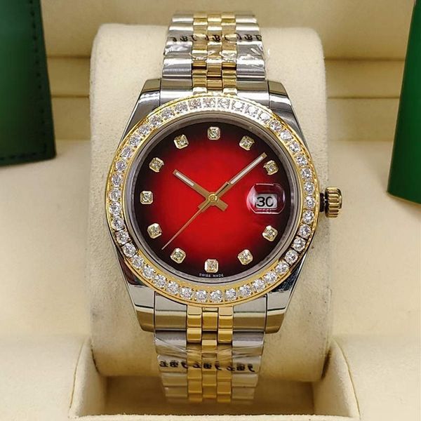 

men and women automatic watches 41mm calendar classic red diamond bezel stainless steel fold buckle waterproof, Slivery;brown