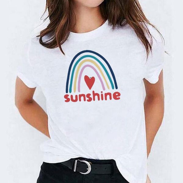 

women's t-shirt summer fashion t shirt women rainbow sunny travel good weather print cotton tee femme casual tshirt harajuku, White