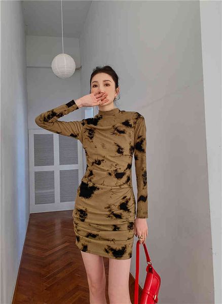 

casual dresses winter turtleneck splash-ink wrap ruched women long sleeve bodycon tunic ladies mini fashion designer 7r4k, Black;gray
