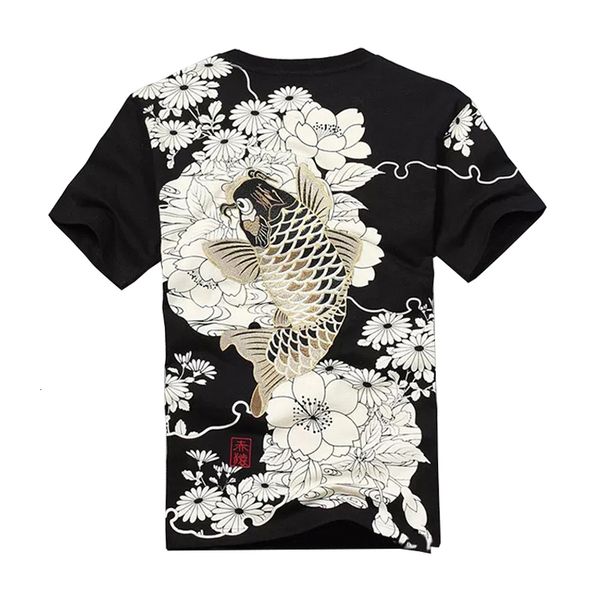 

t shirts arrival hip hop knitted tshirt homme shirt men goods embroidery with short carp tattoo o-neck cotton casual, White;black