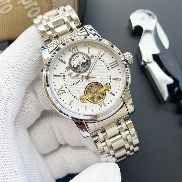 

2023 men's watch big flywheel automatic mechanical watches designer wristwatch european luxury brand stainless steel and leather strap, Slivery;brown