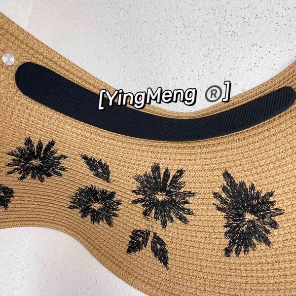 

21 flower hat summer straw foldable embroidery sunscreen women's cornice hat, Black;white