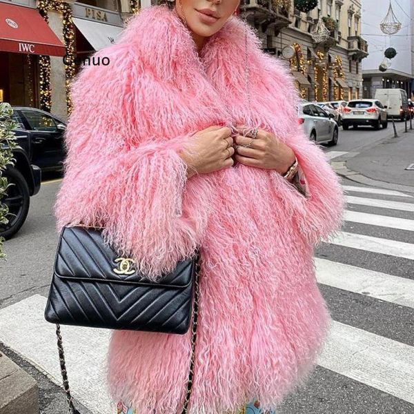 

women's fur & faux winter mongolia sheep coat women warm coats fluffy furry wool jacket outerwear ladies overcoat, Black