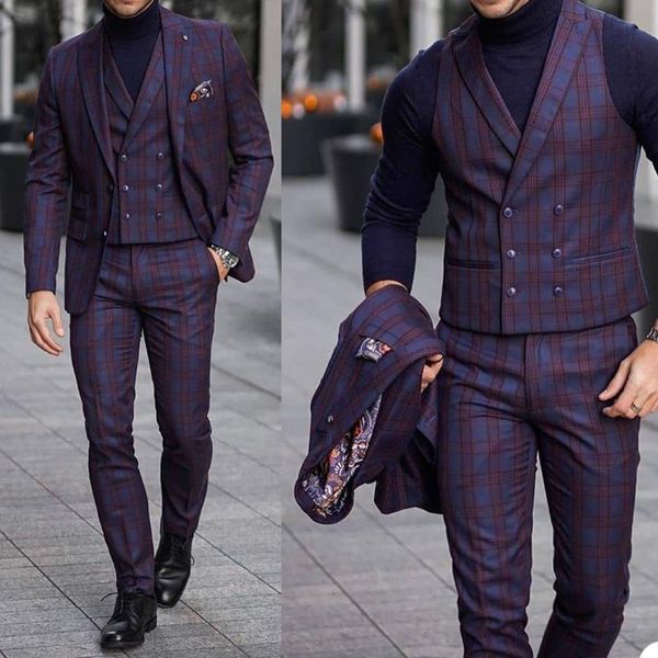 

men's suits & blazers 3 pieces purple men fashion check pattern casual style customized handsome slim fit party coat+pant+vest, White;black