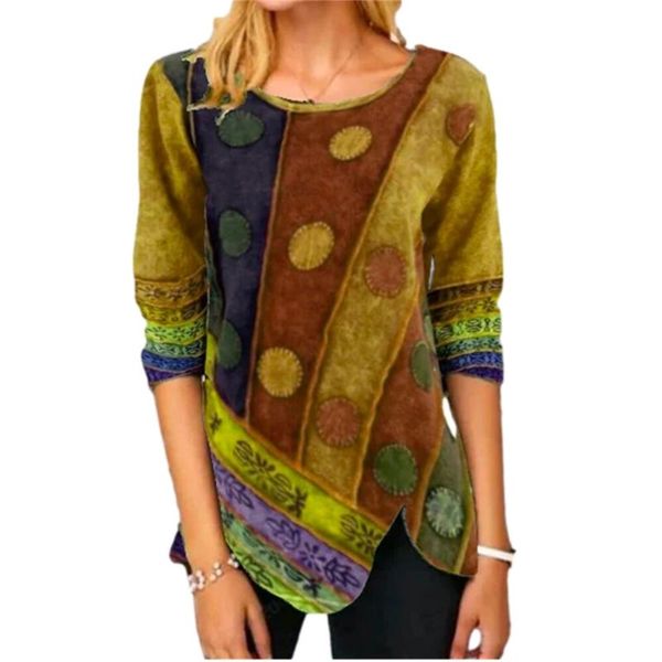 

women's t-shirt retro printed side button irregular shirt 2021 spring elegant o neck patchwork autumn long sleeve women size s-5xl, White