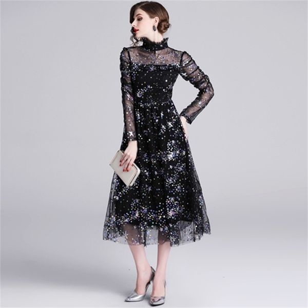 

summer mesh dress work casual slim fashion o-neck hollow out embroidery dresses women a-line vintage vestidos 210603, Black;gray