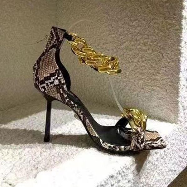 

sandals 2021 high heels summer breathable fashion metal chain designer comfort real leather ladies girl luxury brands, Black