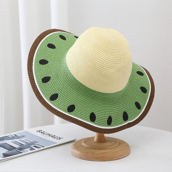 

wide brim hats straw sun kids baby cute watermelon outdoor fruits print pattern fisherman large hat beach caps, Blue;gray