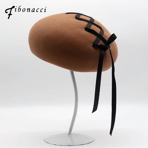 

stingy brim hats fibonacci 2021 elegant female wearing rope berets brand quality wool felt cap autumn winter women, Blue;gray