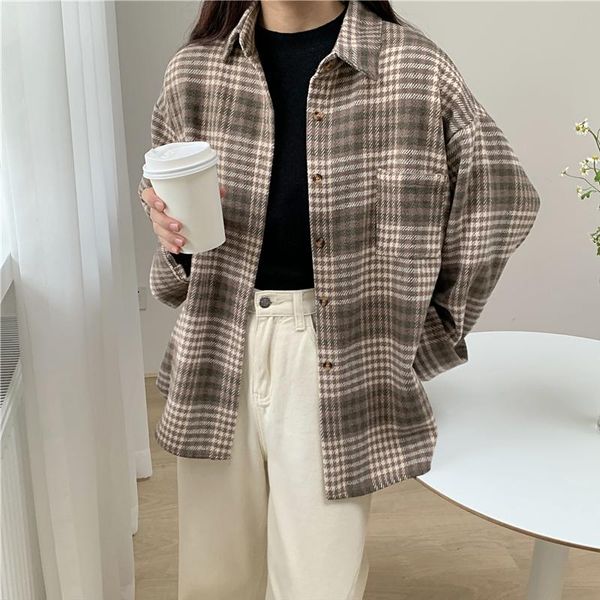 

spring and autumn korean thick brushed plaid shirt jacket design female niche long-sleeved loose retro women's blouses & shirts, White