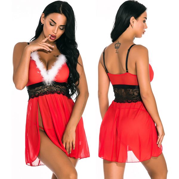 

red christmas drs underwear gauze side split christmas pajamas, Red;black